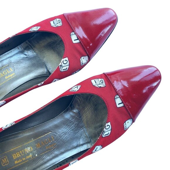 Bruno Magli 80s Vintage Red Heels 7.5 Novelty Dice Leather Canvas Rare Italy - Picture 9 of 14